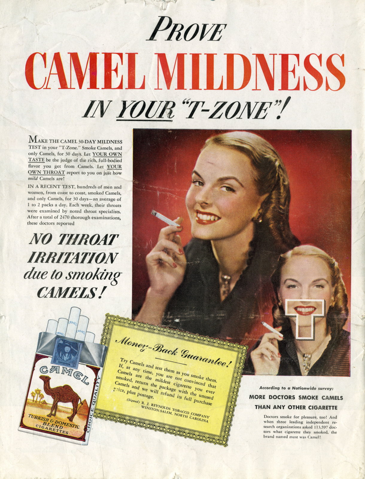 "Ni un sólo caso de irritación de garganta por fumar Camel" (1949)