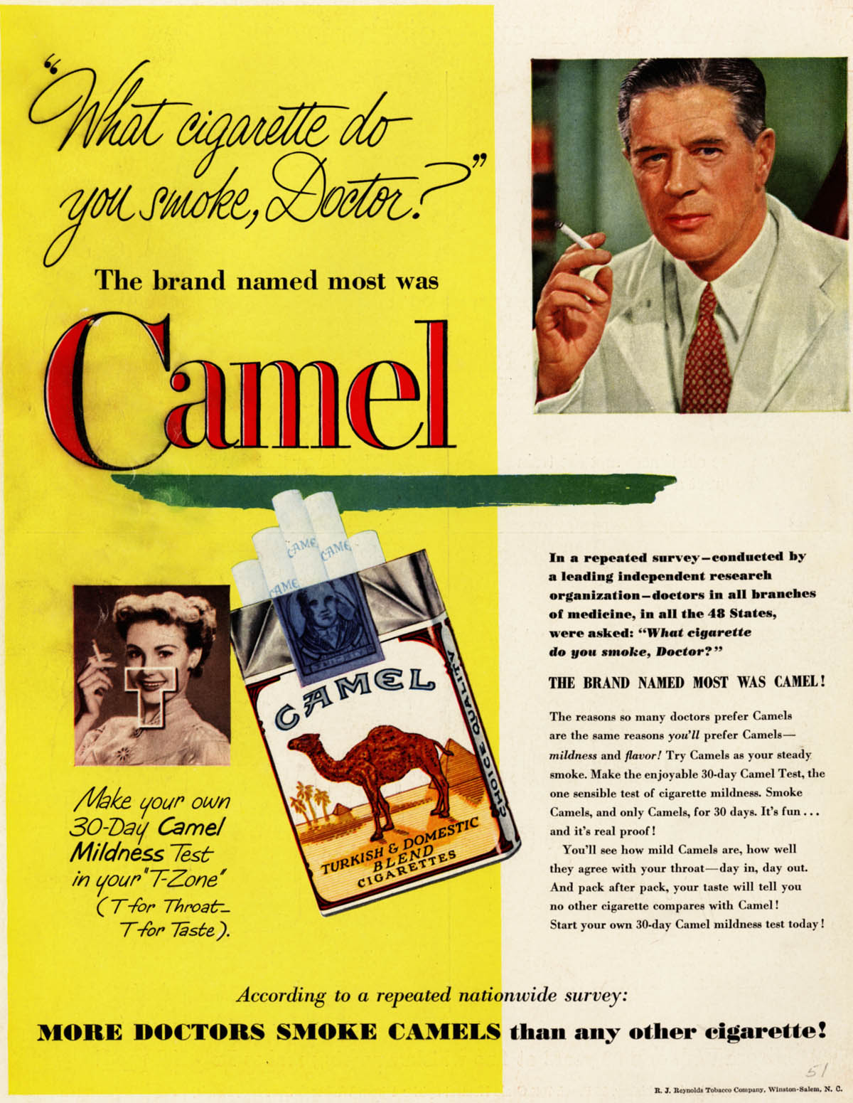 "Más médicos fuman Camel que cualquier otro cigarrillo" (1951)