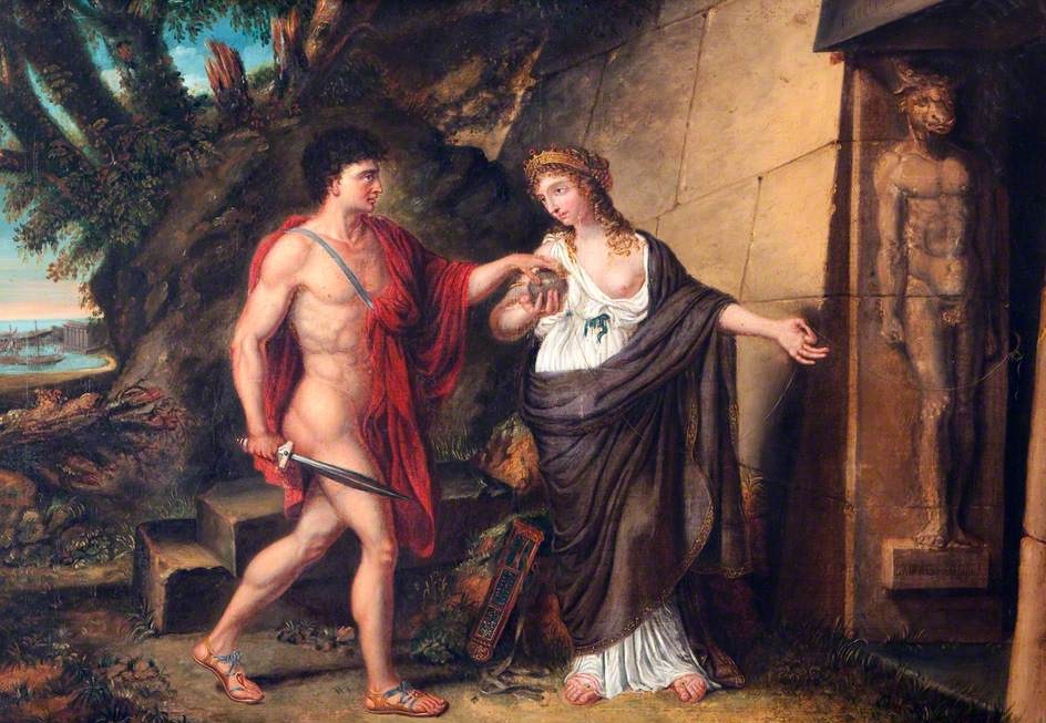 Ariadna muestra la entrada del laberinto a Teseo, quien luego la abandonará